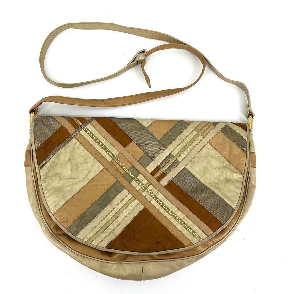 Sharif Vintage Semi Circle‎ Gold  Patchwork Leather Silk Shoulder Bag